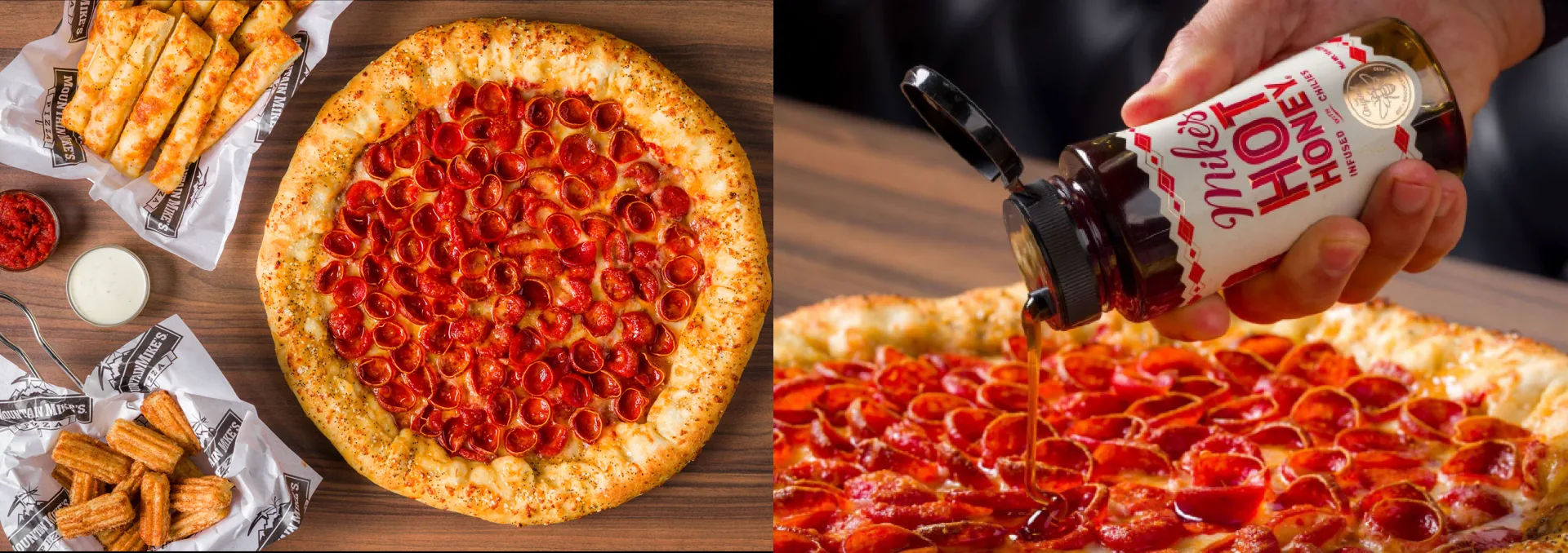 A pepperoni pizza with garlic sticks and churro bites, and Mike’s Hot Honey being poured on a pepperoni pizza