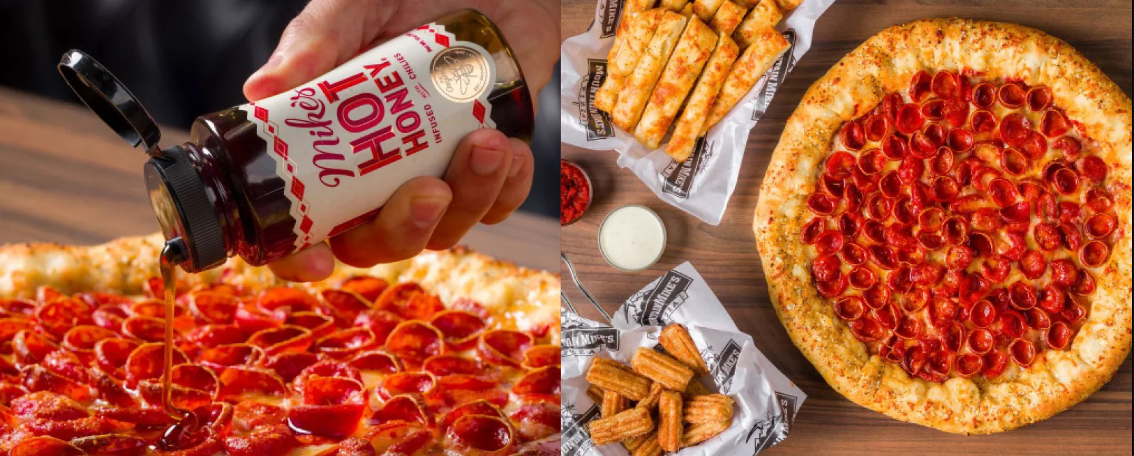 Pouring Mike’s Hot Honey on a pepperoni pizza, and a pepperoni pizza with garlic sticks and churro bites